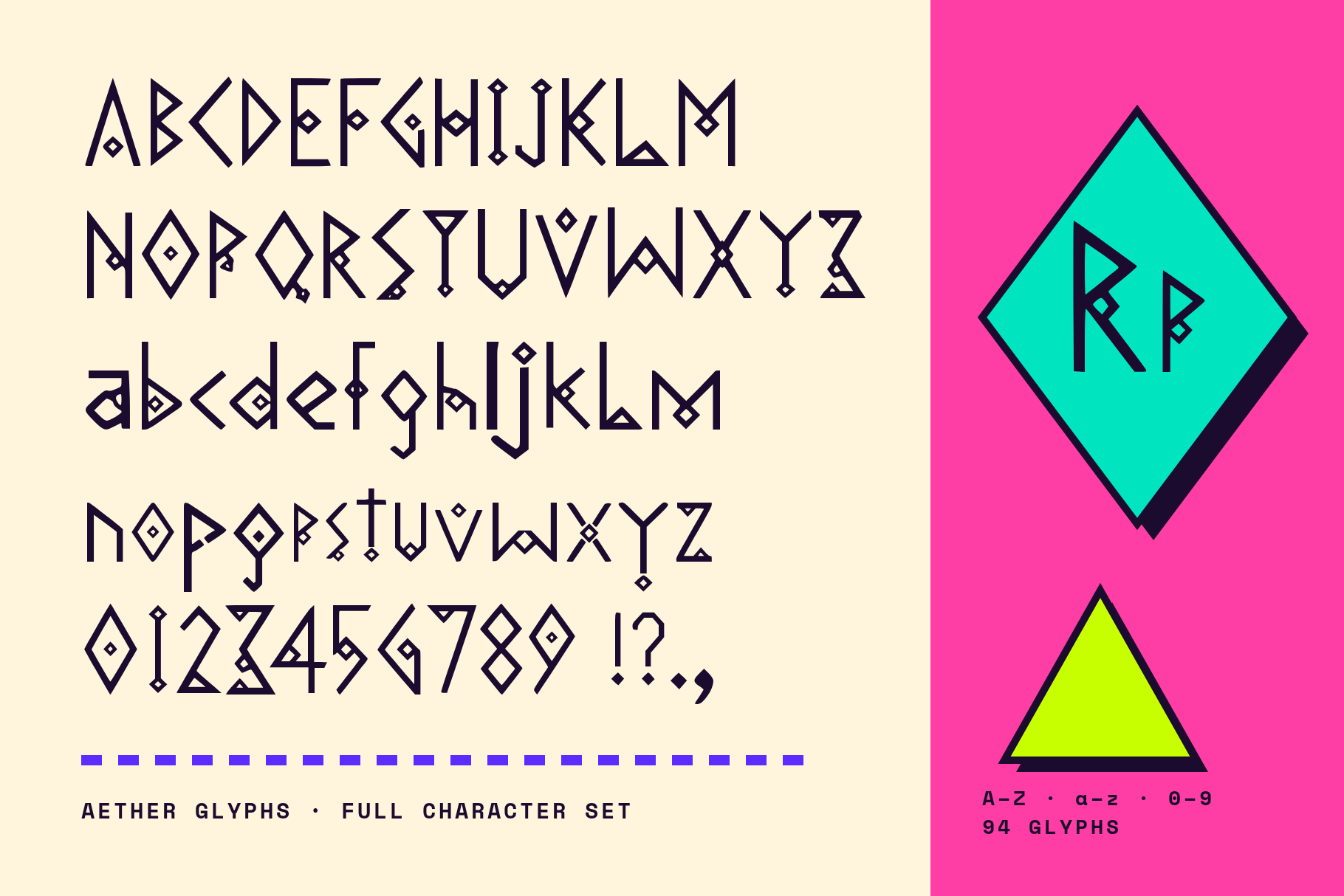 Aether Glyphs full character set with A to Z, a to z, figures and punctuation beside a teal diamond
