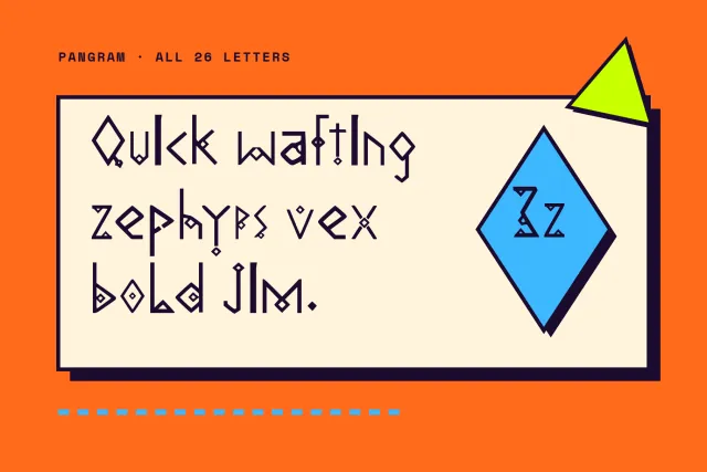 Aether Glyphs pangram Quick wafting zephyrs vex bold Jim on a cream panel with a blue diamond badge