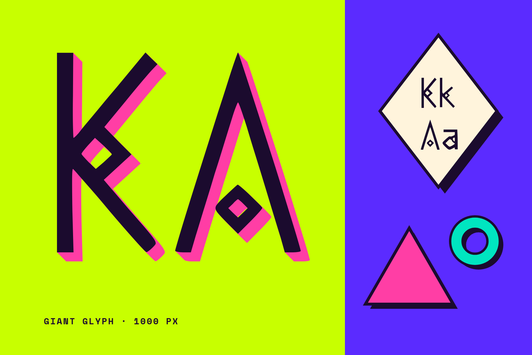 Aether Glyphs giant K and A with diamond counters and pink shadow on lime, with Kk Aa in a diamond
