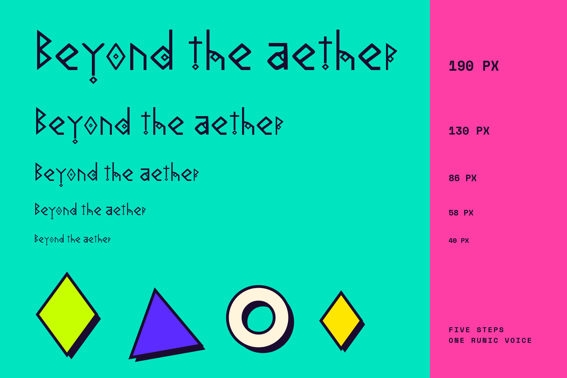 Aether Glyphs size ladder with Beyond the aether set from 190 px down to 40 px on teal