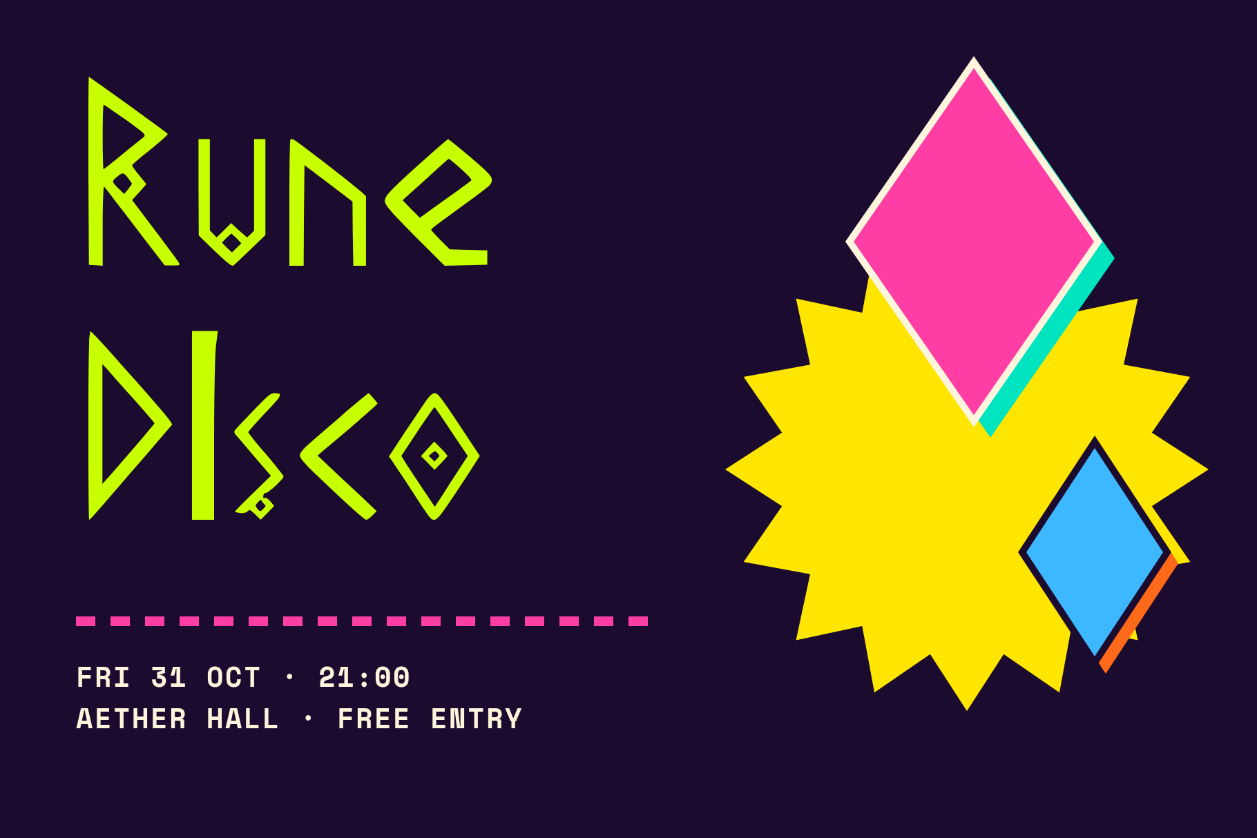 Aether Glyphs Rune Disco party poster in lime runic letters on dark purple with a yellow starburst