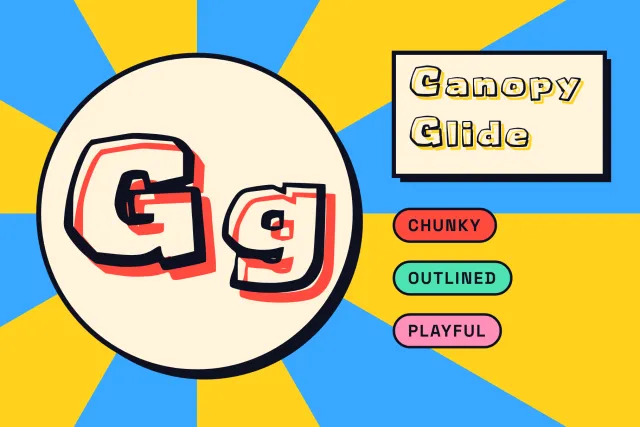 Canopy Glide giant Gg in thick outline inside a cream circle on blue and yellow sunburst rays