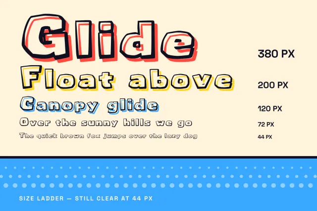 Canopy Glide size ladder from 380 px Glide down to a 44 px pangram on cream above a dotted blue band