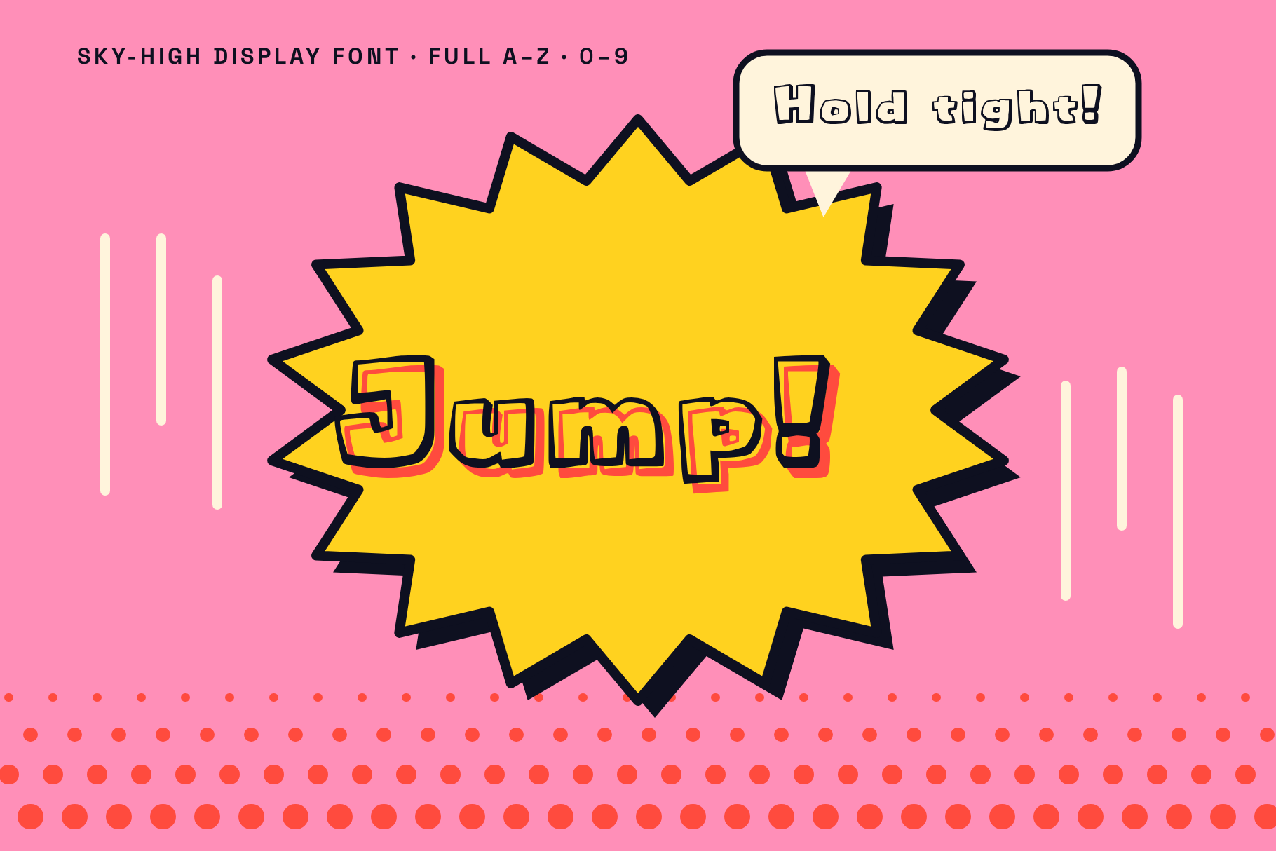 Canopy Glide comic poster with Jump! on a yellow starburst and a Hold tight! speech bubble on pink