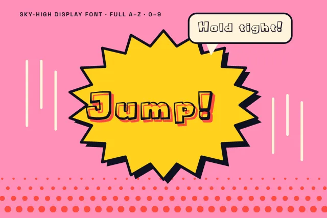 Canopy Glide comic poster with Jump! on a yellow starburst and a Hold tight! speech bubble on pink