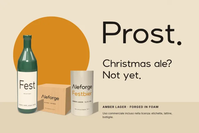 Aleforge su bottiglia verde, scatola kraft e lattina con il titolo Prost