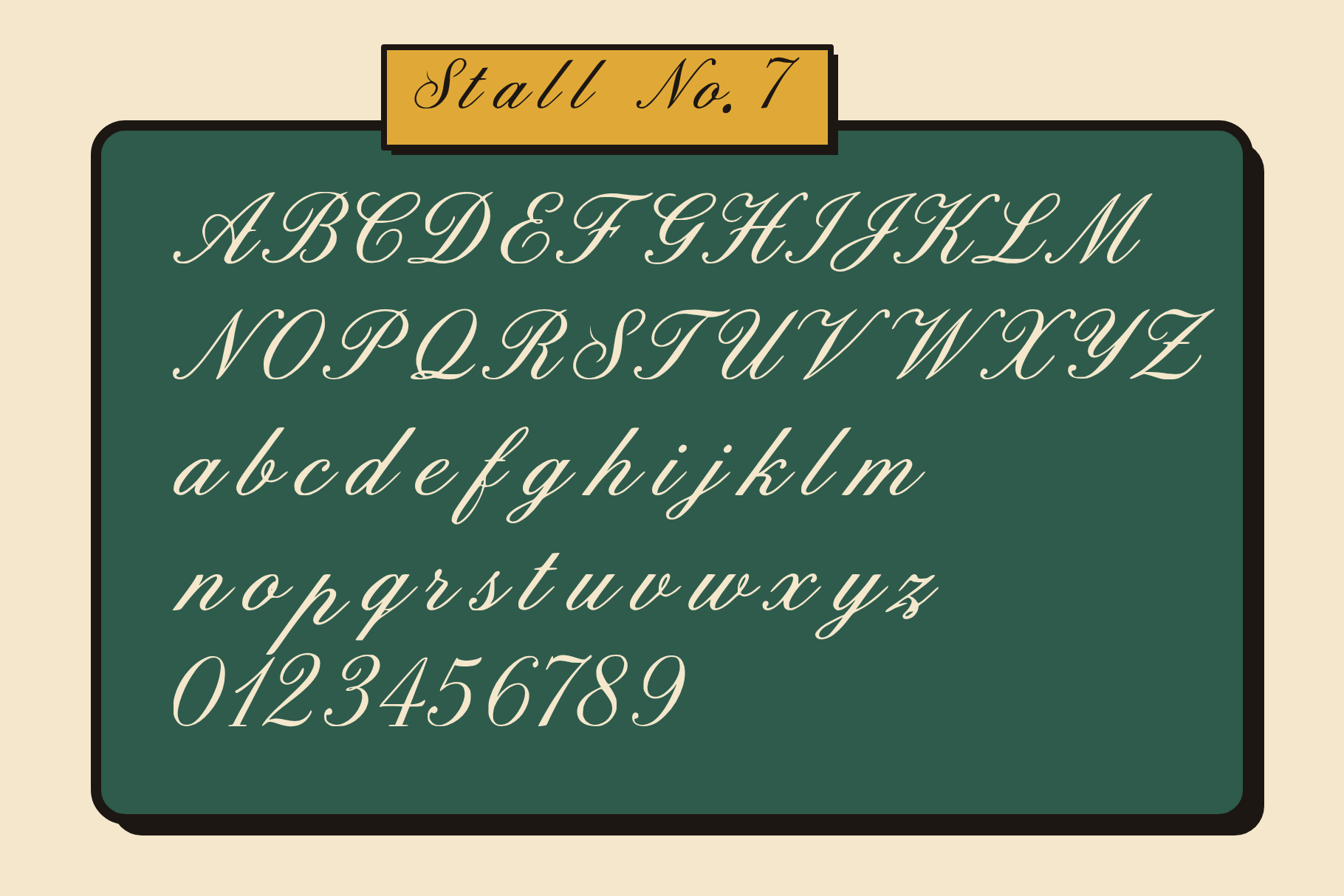 Hoofcraft Stable full alphabet and figures in cream on a green stall door panel with a gold plate reading Stall No. 7