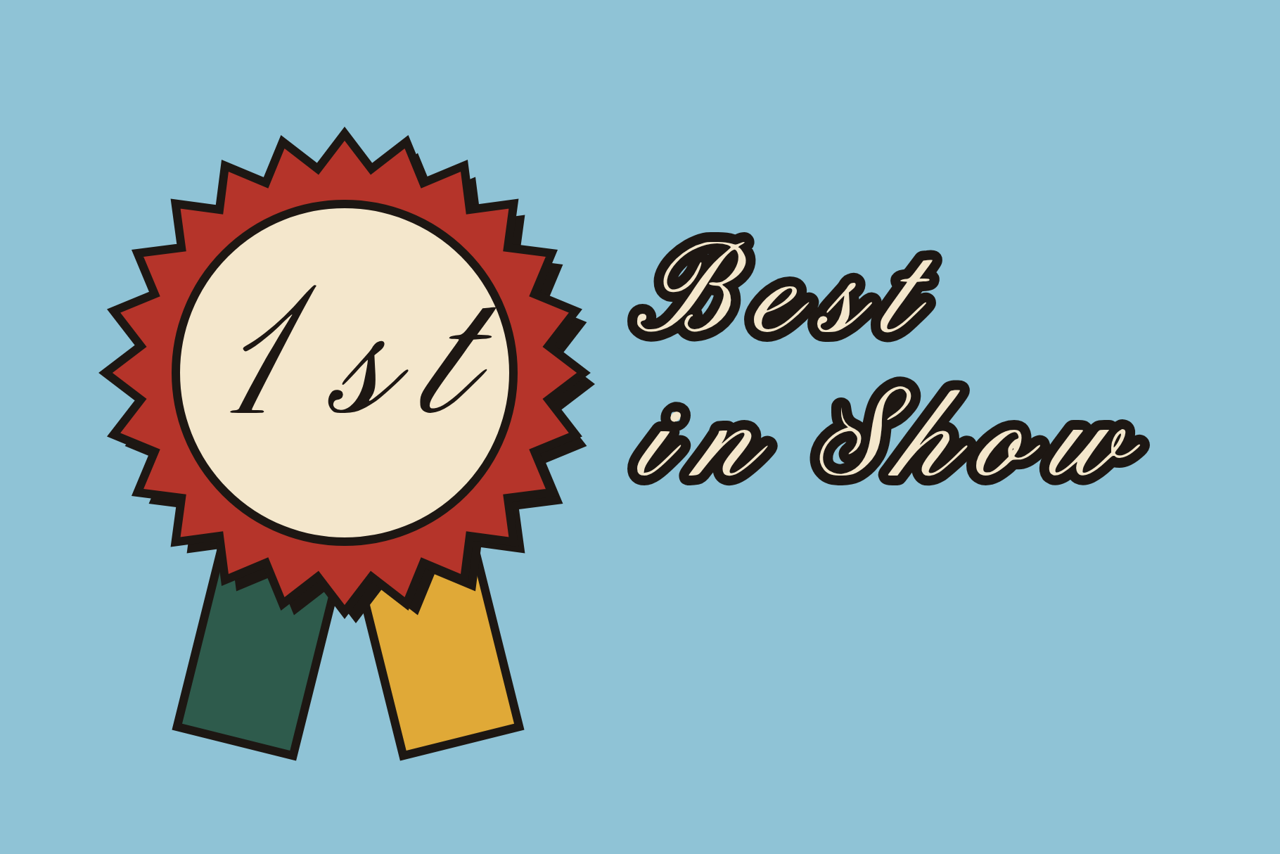 Hoofcraft Stable rosette card with 1st in a red rosette on green and gold ribbons beside Best in Show on pale blue