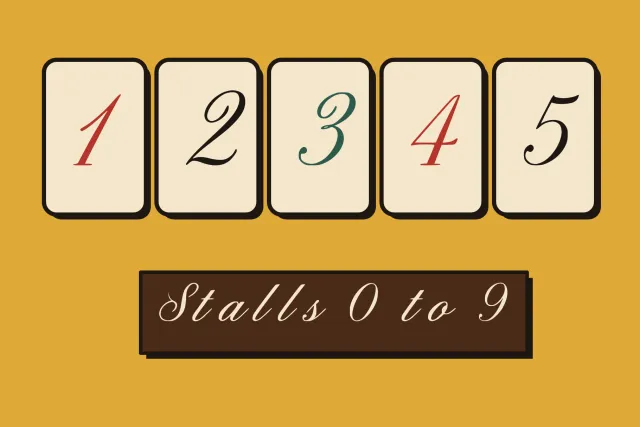 Hoofcraft Stable stall number tags 1 to 5 in red, black and green over a brown sign reading Stalls 0 to 9