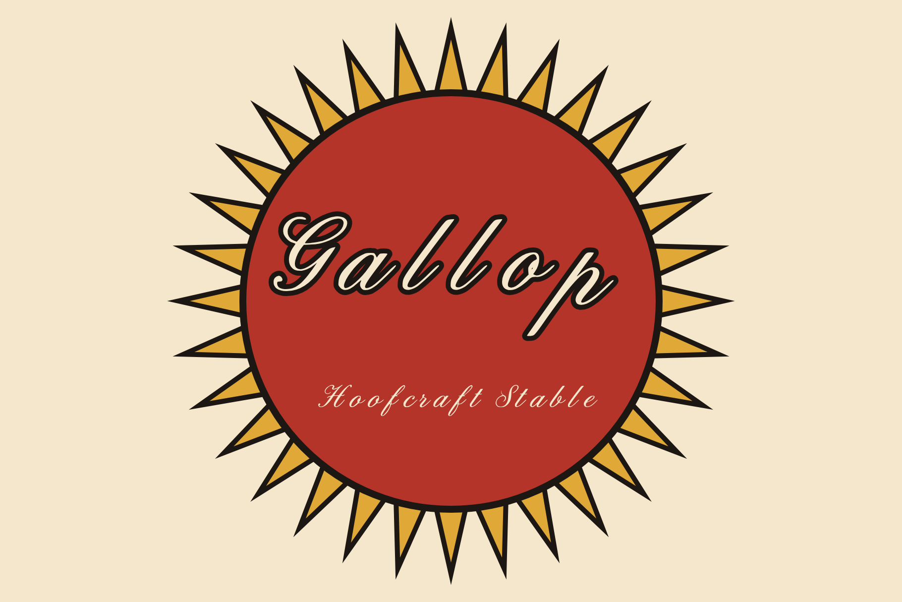 Hoofcraft Stable sunburst badge with the word Gallop in cream on a red circle ringed by gold rays