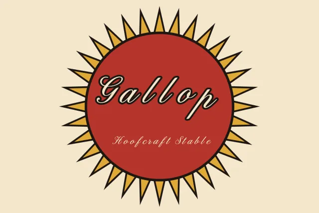 Hoofcraft Stable sunburst badge with the word Gallop in cream on a red circle ringed by gold rays