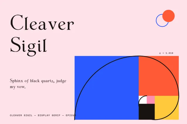 Cleaver Sigil cover on pink with the pangram set in the serif beside a colored golden ratio spiral grid