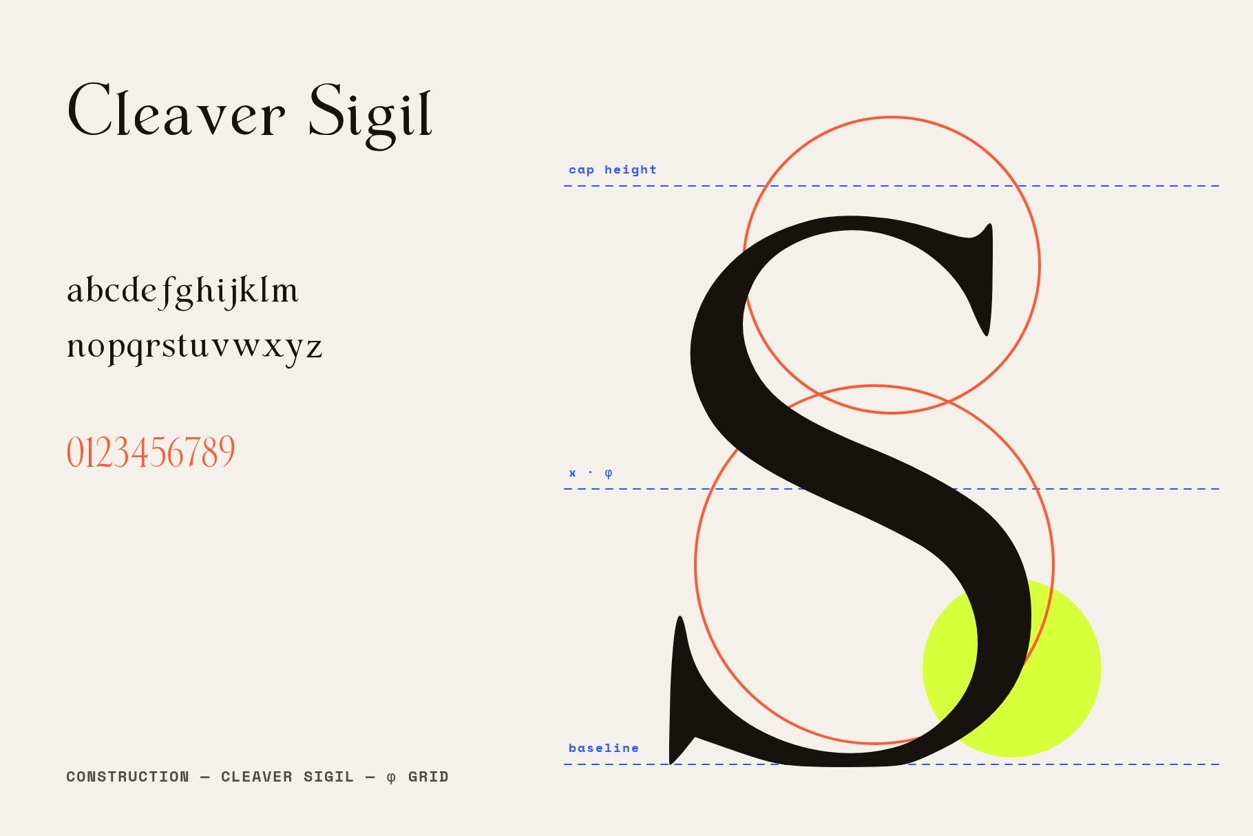 Cleaver Sigil construction card, lowercase and orange numerals next to a large S drawn on a phi grid