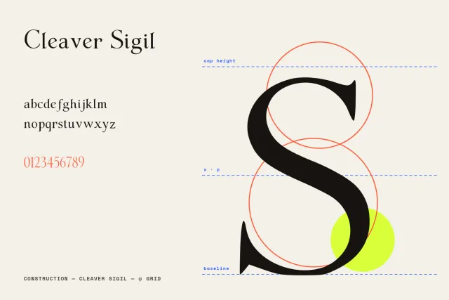Cleaver Sigil construction card, lowercase and orange numerals next to a large S drawn on a phi grid